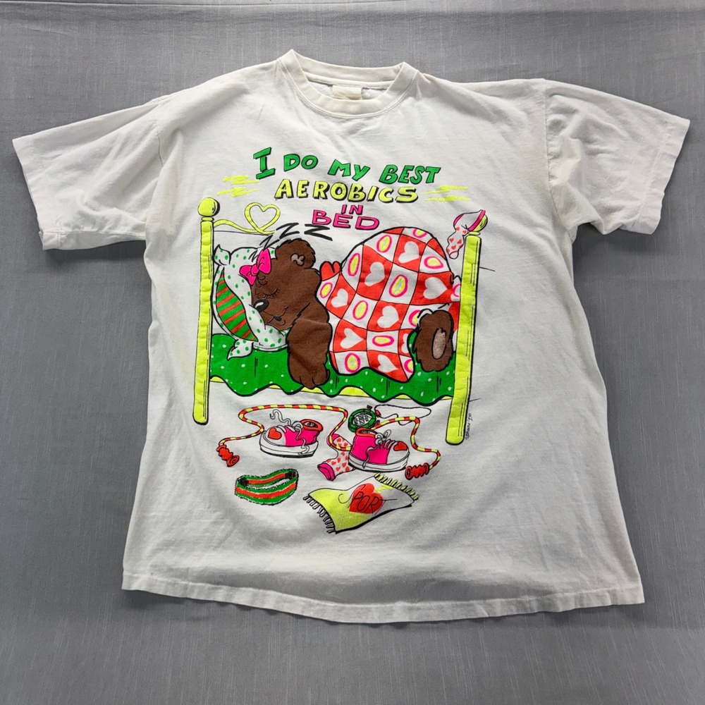 Vintage T-Shirt XL I Do My Best Aerobics In Bed Bear White Funny Graphic Tee